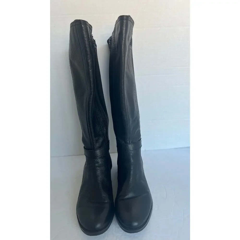 Naturalizer N5 Black Leather Zip Knee High Block Heel Wide Shaft Riding Boots 10